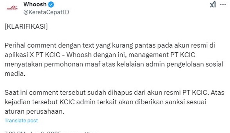 Klarifikasi Whoosh terkait cuitan tidak pantas admin yang mengatai Patrick Kluivert.