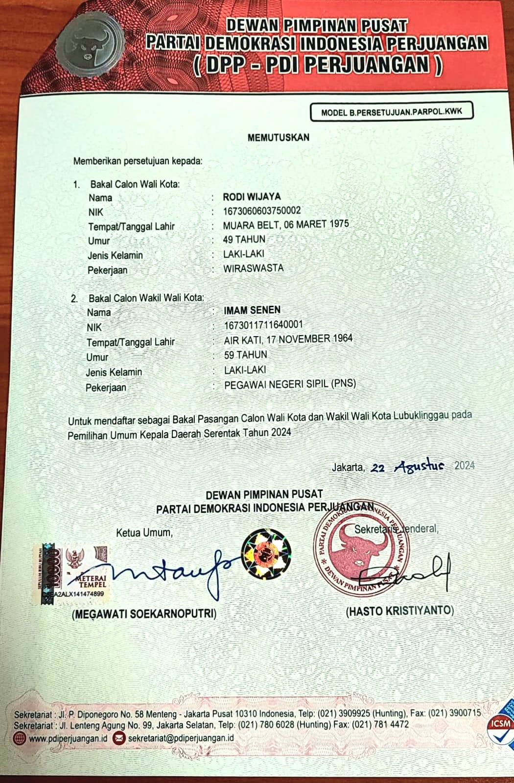 Surat B1-KWK yang diserahkan DPP PDIP kepada pasangan ROIS untuk maju Pilwalkot Lubuklinggau.