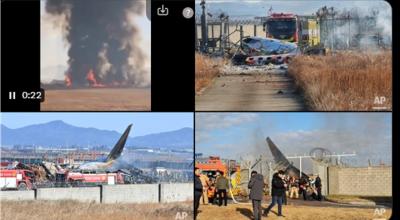 Kolase penampakan Pesawat Jeju Air kecelakaan di Bandara Internasional Muan, Korea Selatan. Foto: X