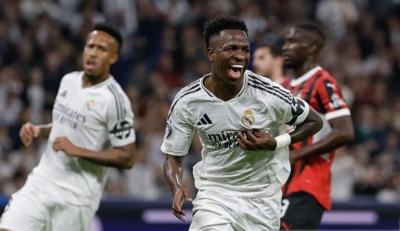 Penyerang Real Madrid Vinicius Jr merayakan gol ke gawang lawan dalam lanjutan Liga Champions yang berlangsung di Santiago Bernabeu, Kamis 23 Januari 2025.